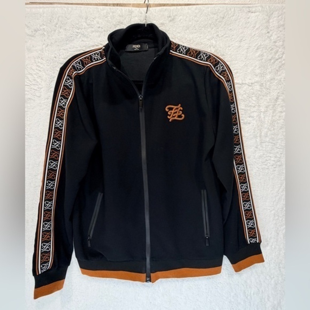 Designer Inspired Black Zip Up Track Jacket Logo Trim Womens Medium